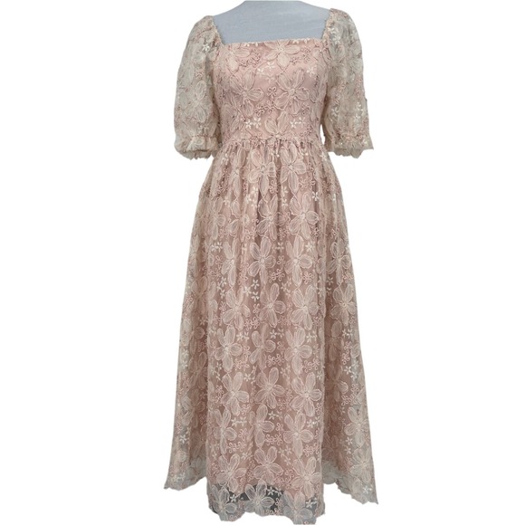 In February Dresses & Skirts - In February Blush Floral Embroidered Midi Dress Puff Sleeve Size Small Fairycore